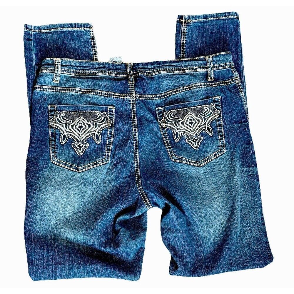 Revolt Y2K Low Rise Skinny Jeans Womens Size 12 Blue Faded Embroidered - Picture 3 of 8